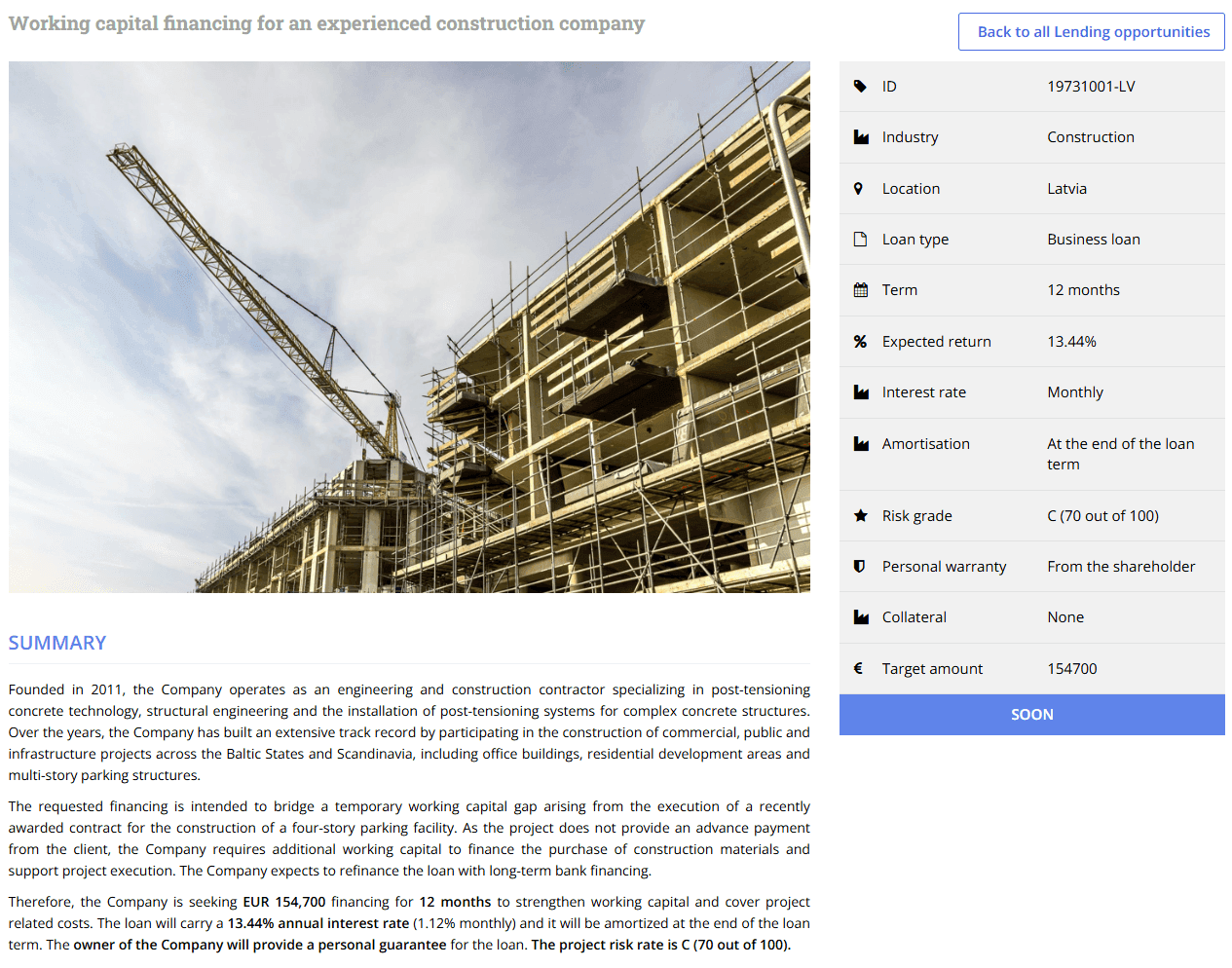 Capitalia project page for a construction firm: €154,700 over 12 months, 13.44% expected return, monthly interest, repayment at the end of the term, risk grade C (70/100), shareholder guarantee, no collateral