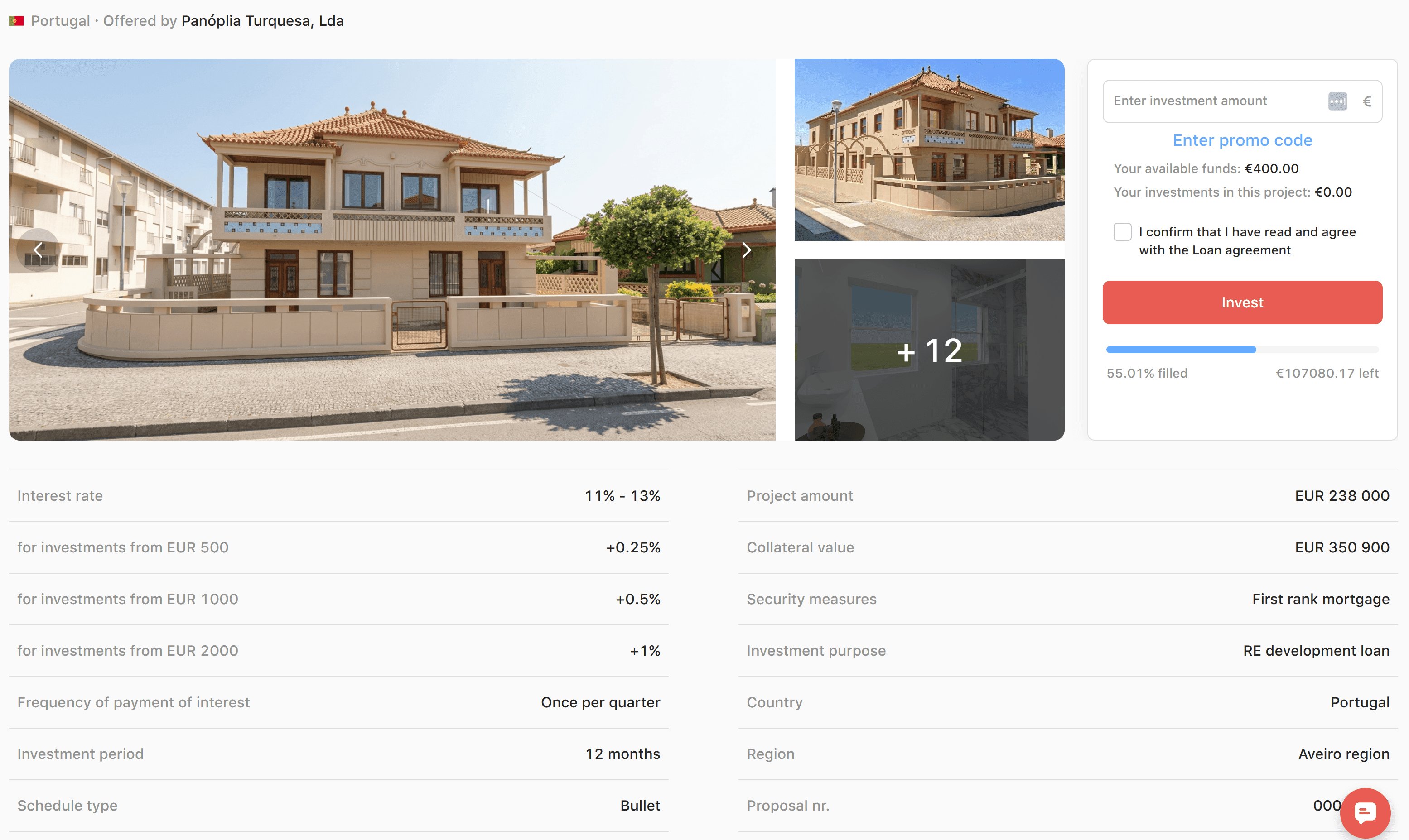 Detail view of a Crowdpear loan project showing interest rate, term, loan-to-value, and property description