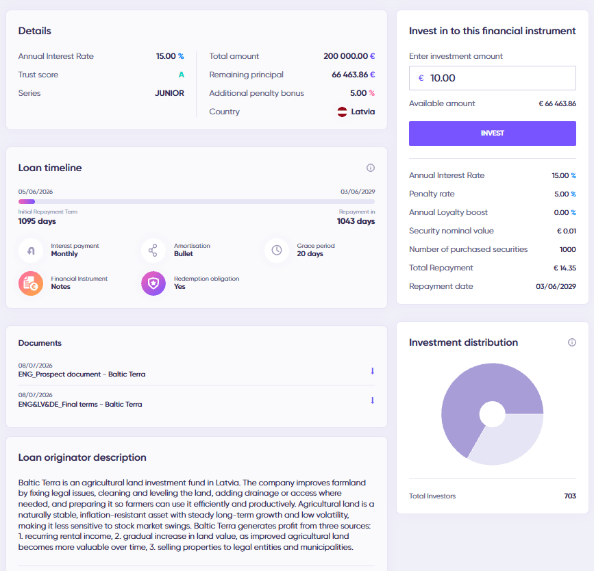 Debitum-Kreditdetailseite einer Baltic-Terra-Note: 15 % Zins, Trust Score A, Rückkaufverpflichtung (Redemption obligation) ja, 1.095 Tage Laufzeit, mit Prospekt- und Emissionsbedingungen zum Download
