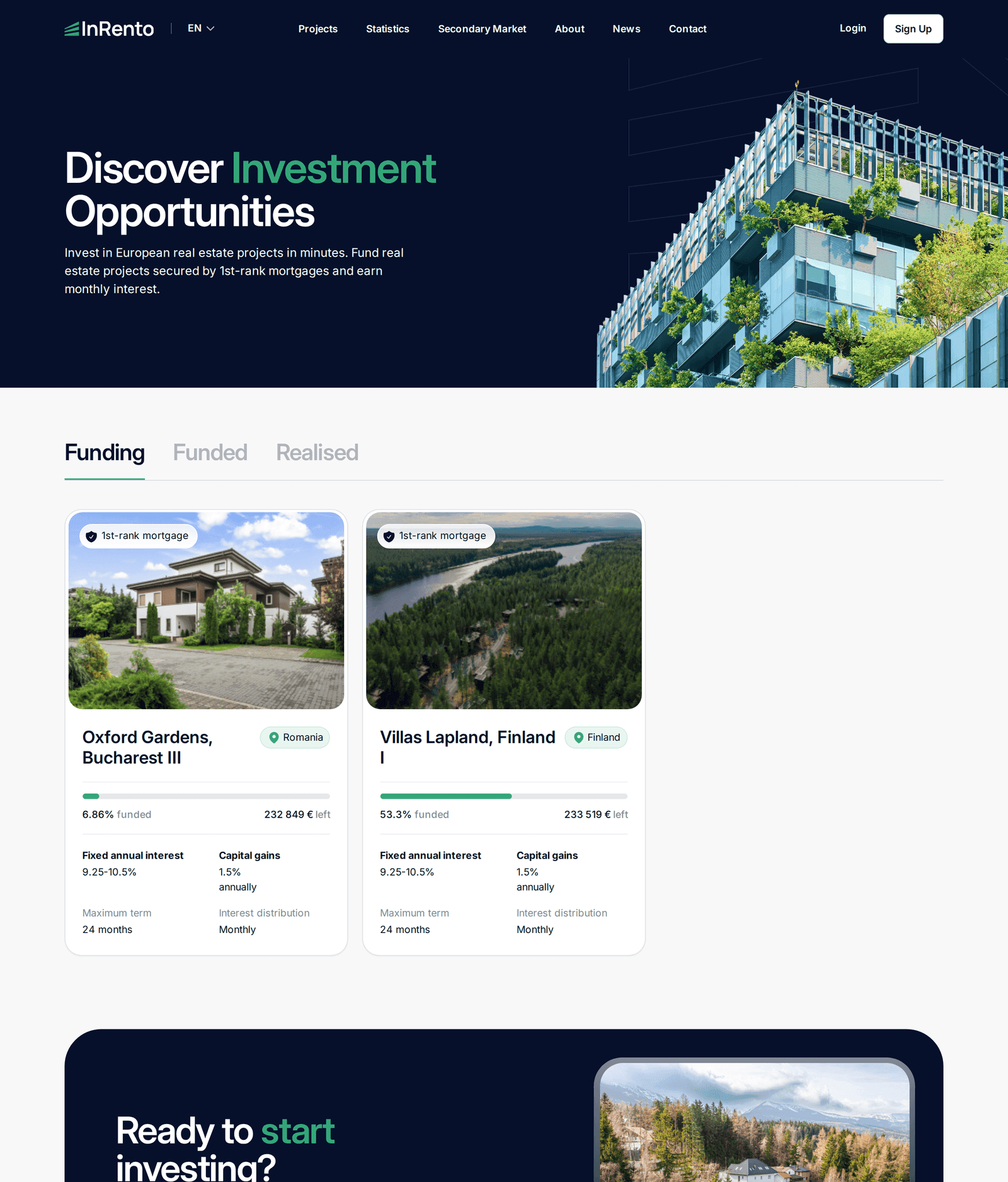 InRento-Marktplatz mit den Reitern Funding, Funded und Realised und zwei offenen Projektkarten (Oxford Gardens in Rumänien, Villas Lapland in Finnland) samt Zins, Kapitalgewinn und Laufzeit