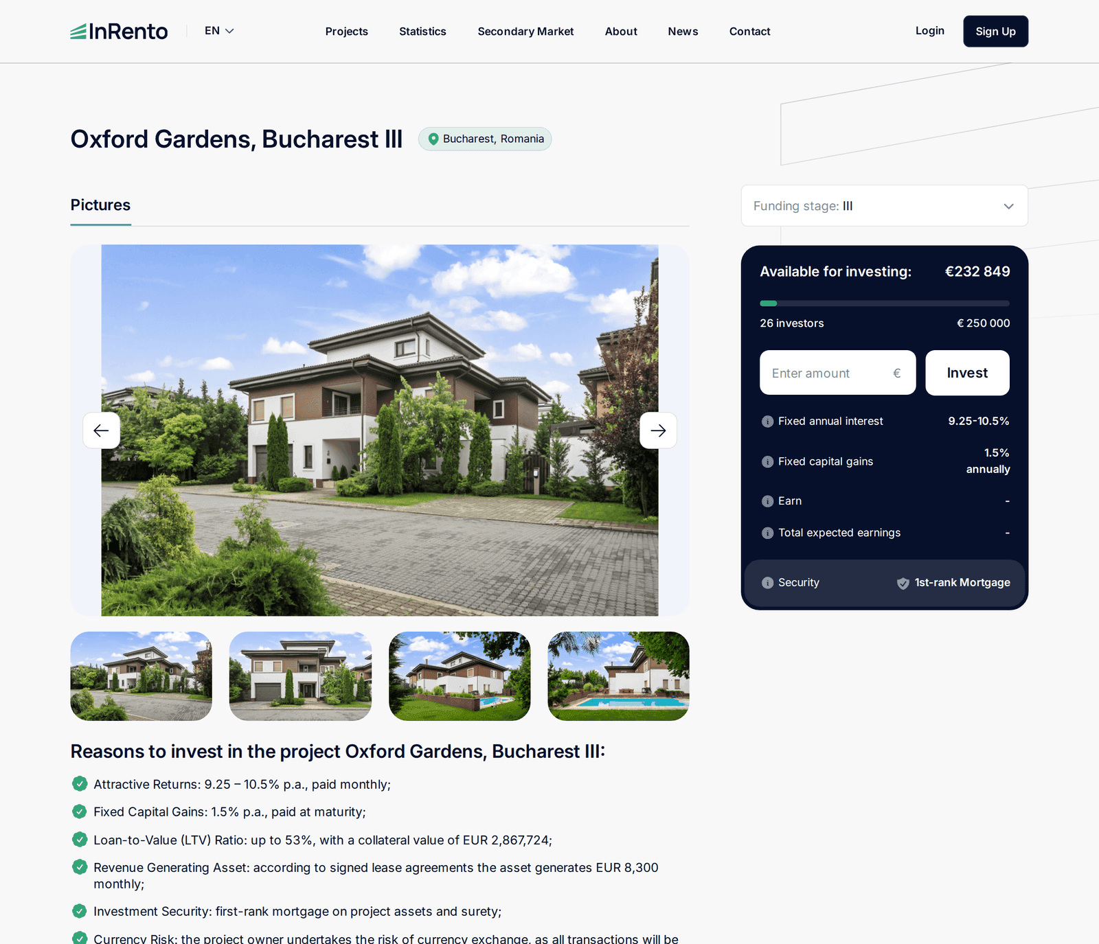 InRento-Projektseite „Oxford Gardens, Bucharest III“ mit Bildergalerie und Anlage-Box: 9,25–10,5 % Fixzins, 1,5 % Kapitalgewinn p. a., erstrangige Hypothek als Sicherheit, 250.000 € Zielvolumen