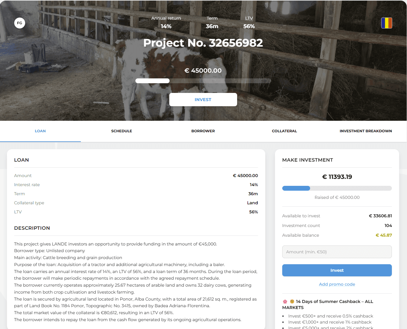 Lande-Projektseite eines rumänischen Landwirts: 45.000 € über 36 Monate zu 14 % Zins, LTV 56 %, besichert mit Agrarland im Wert von 80.612 €, Mindestanlage 50 €, Tabs für Kreditdetails, Tilgungsplan, Kreditnehmer und Sicherheit