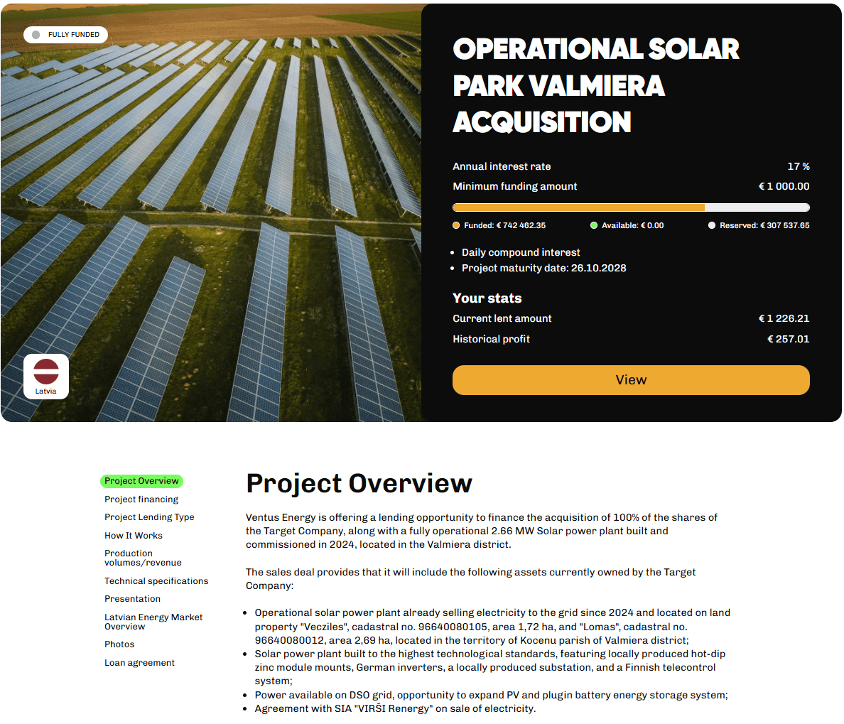 Ventus Energy project page: acquisition of an operational solar park in Valmiera, 17% annual interest, €1,000 minimum investment, daily compounding, maturity 26 October 2028, fully funded